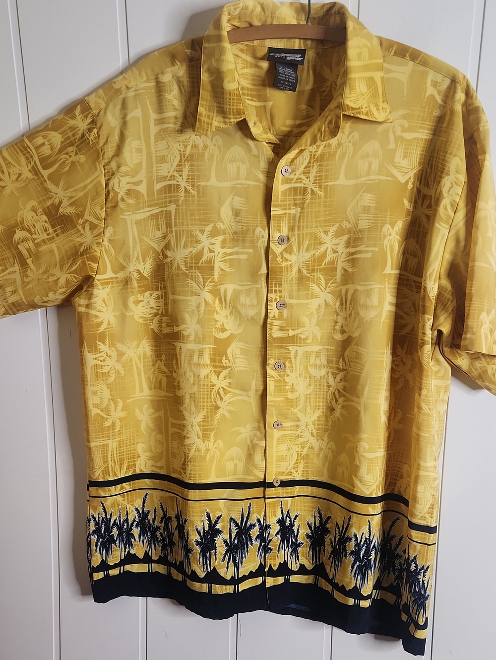 Mens Yellow Palm Border Button Up Lightweight Camp Shirt